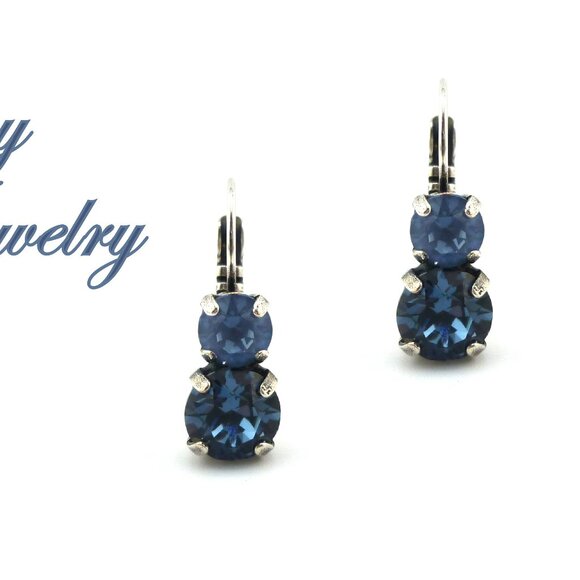 Denim Blue and Denim Ignite Double Drop Austrian Crystal Earrings - Picture 1 of 6